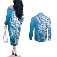 Hawaii Puakenikeni And Maile Lei Couples Matching Off The Shoulder Long Sleeve Dress and Long Sleeve Button Shirt Blue Polynesian Shark Tattoo DT05