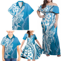 Hawaii Puakenikeni And Maile Lei Family Matching Off Shoulder Maxi Dress and Hawaiian Shirt Blue Polynesian Shark Tattoo DT05