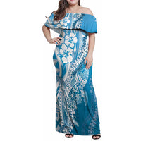 Hawaii Puakenikeni And Maile Lei Family Matching Off Shoulder Maxi Dress and Hawaiian Shirt Blue Polynesian Shark Tattoo DT05