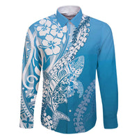 Hawaii Puakenikeni And Maile Lei Family Matching Short Sleeve Bodycon Dress and Hawaiian Shirt Blue Polynesian Shark Tattoo DT05 Dad's Shirt - Long Sleeve Blue - Polynesian Pride