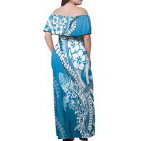Hawaii Puakenikeni And Maile Lei Off Shoulder Maxi Dress Blue Polynesian Shark Tattoo DT05