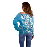 Hawaii Puakenikeni And Maile Lei Off Shoulder Sweater Blue Polynesian Shark Tattoo DT05