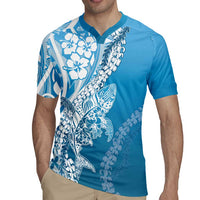 Hawaii Puakenikeni And Maile Lei Rugby Jersey Blue Polynesian Shark Tattoo DT05