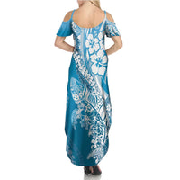Hawaii Puakenikeni And Maile Lei Summer Maxi Dress Blue Polynesian Shark Tattoo DT05
