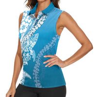 Hawaii Puakenikeni And Maile Lei Women Sleeveless Polo Shirt Blue Polynesian Shark Tattoo DT05