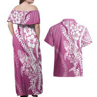 Hawaii Puakenikeni And Maile Lei Couples Matching Off Shoulder Maxi Dress and Hawaiian Shirt Pink Polynesian Shark Tattoo DT05