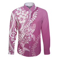 Hawaii Puakenikeni And Maile Lei Family Matching Long Sleeve Bodycon Dress and Hawaiian Shirt Pink Polynesian Shark Tattoo DT05