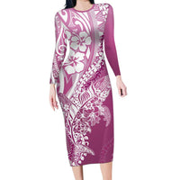 Hawaii Puakenikeni And Maile Lei Family Matching Long Sleeve Bodycon Dress and Hawaiian Shirt Pink Polynesian Shark Tattoo DT05