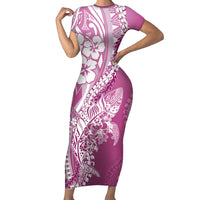Hawaii Puakenikeni And Maile Lei Short Sleeve Bodycon Dress Pink Polynesian Shark Tattoo DT05