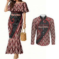 Custom Aotearoa Atua Tumatauenga Couples Matching Mermaid Dress and Long Sleeve Button Shirt God Of War Koru Patterns