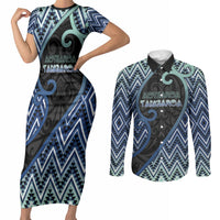 Custom Aotearoa Atua Tangaroa Couples Matching Short Sleeve Bodycon Dress and Long Sleeve Button Shirt God Of Ocean Koru Patterns