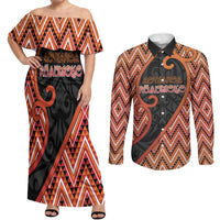 Custom Aotearoa Atua Ruaumoko Couples Matching Off Shoulder Maxi Dress and Long Sleeve Button Shirt God Of Volcanoes Koru Patterns