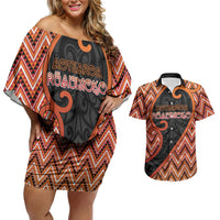 Custom Aotearoa Atua Ruaumoko Couples Matching Off Shoulder Short Dress and Hawaiian Shirt God Of Volcanoes Koru Patterns