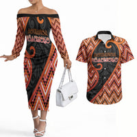 Custom Aotearoa Atua Ruaumoko Couples Matching Off The Shoulder Long Sleeve Dress and Hawaiian Shirt God Of Volcanoes Koru Patterns