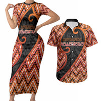 Custom Aotearoa Atua Ruaumoko Couples Matching Short Sleeve Bodycon Dress and Hawaiian Shirt God Of Volcanoes Koru Patterns