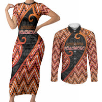 Custom Aotearoa Atua Ruaumoko Couples Matching Short Sleeve Bodycon Dress and Long Sleeve Button Shirt God Of Volcanoes Koru Patterns