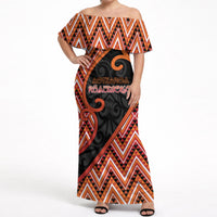 Custom Aotearoa Atua Ruaumoko Off Shoulder Maxi Dress God Of Volcanoes Koru Patterns