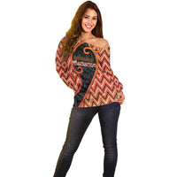 Custom Aotearoa Atua Ruaumoko Off Shoulder Sweater God Of Volcanoes Koru Patterns