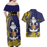 Tokelau Christmas Couples Matching Off Shoulder Maxi Dress and Hawaiian Shirt Santa With Tuluma Xmas Tribal Waves - Polynesian Pride