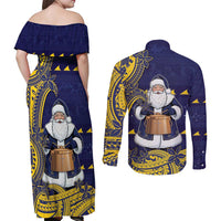 Tokelau Christmas Couples Matching Off Shoulder Maxi Dress and Long Sleeve Button Shirt Santa With Tuluma Xmas Tribal Waves - Polynesian Pride