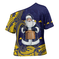 Tokelau Christmas Cross Shoulder Shirt Santa With Tuluma Xmas Tribal Waves - Polynesian Pride