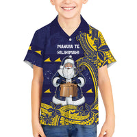 Tokelau Christmas Family Matching Long Sleeve Bodycon Dress and Hawaiian Shirt Santa With Tuluma Xmas Tribal Waves DT05 Son's Shirt Navy - Polynesian Pride