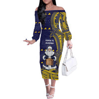Tokelau Christmas Family Matching Off The Shoulder Long Sleeve Dress and Hawaiian Shirt Santa With Tuluma Xmas Tribal Waves DT05 Mom's Dress Navy - Polynesian Pride