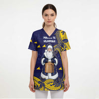 Tokelau Christmas Scrub Top Santa With Tuluma Xmas Tribal Waves - Polynesian Pride