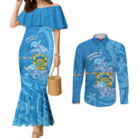 Tuvalu Christmas Couples Matching Mermaid Dress and Long Sleeve Button Shirt Dolphins Santa Xmas Tribal Waves - Polynesian Pride
