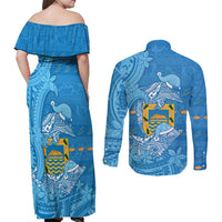 Tuvalu Christmas Couples Matching Off Shoulder Maxi Dress and Long Sleeve Button Shirt Dolphins Santa Xmas Tribal Waves - Polynesian Pride