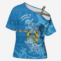 Tuvalu Christmas Cross Shoulder Shirt Dolphins Santa Xmas Tribal Waves DT05 Female Blue - Polynesian Pride
