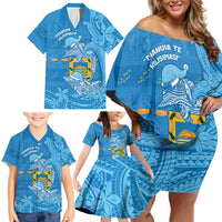Tuvalu Christmas Family Matching Off Shoulder Short Dress and Hawaiian Shirt Dolphins Santa Xmas Tribal Waves - Polynesian Pride