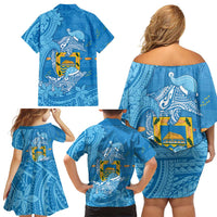 Tuvalu Christmas Family Matching Off Shoulder Short Dress and Hawaiian Shirt Dolphins Santa Xmas Tribal Waves - Polynesian Pride
