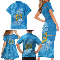 Tuvalu Christmas Family Matching Short Sleeve Bodycon Dress and Hawaiian Shirt Dolphins Santa Xmas Tribal Waves - Polynesian Pride