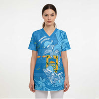 Tuvalu Christmas Scrub Top Dolphins Santa Xmas Tribal Waves - Polynesian Pride