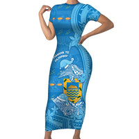 Tuvalu Christmas Short Sleeve Bodycon Dress Dolphins Santa Xmas Tribal Waves - Polynesian Pride