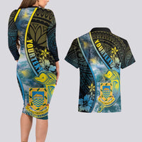 Personalised Tuvalu Couples Matching Long Sleeve Bodycon Dress and Hawaiian Shirt Dolphin On The Waves