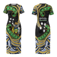 South Sea Islanders And Solomon Islands Couples Matching Short Sleeve Bodycon Dress and Long Sleeve Button Shirt Solomons Coat Of Arms And Southern Cross DT05 - Polynesian Pride