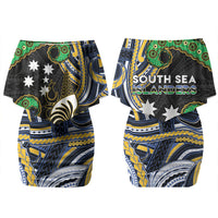 South Sea Islanders And New Caledonia Family Matching Off Shoulder Short Dress and Hawaiian Shirt Nautilus Shell Southern Cross Tribal Pattern DT05 Mom's Dress Black - Polynesian Pride