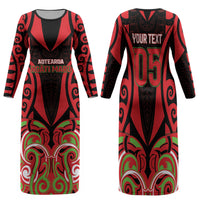 Custom Aotearoa Ngati Maru Family Matching Long Sleeve Bodycon Dress and Hawaiian Shirt New Zealand Traditional Maori Pattern DT05 Mom's Dress Red - Polynesian Pride