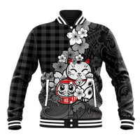 Black Palaka Hawaiian And Japanese Baseball Jacket Maneki Neko And Sakura Bloom