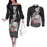 Black Palaka Hawaiian And Japanese Couples Matching Off The Shoulder Long Sleeve Dress and Long Sleeve Button Shirt Maneki Neko And Sakura Bloom
