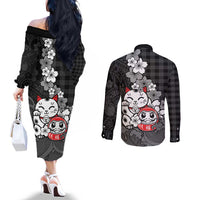 Black Palaka Hawaiian And Japanese Couples Matching Off The Shoulder Long Sleeve Dress and Long Sleeve Button Shirt Maneki Neko And Sakura Bloom