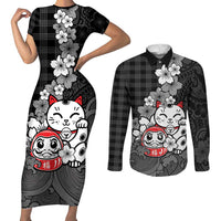 Black Palaka Hawaiian And Japanese Couples Matching Short Sleeve Bodycon Dress and Long Sleeve Button Shirt Maneki Neko And Sakura Bloom