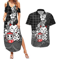 Black Palaka Hawaiian And Japanese Couples Matching Summer Maxi Dress and Hawaiian Shirt Maneki Neko And Sakura Bloom