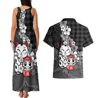 Black Palaka Hawaiian And Japanese Couples Matching Tank Maxi Dress and Hawaiian Shirt Maneki Neko And Sakura Bloom