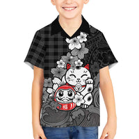 Black Palaka Hawaiian And Japanese Family Matching Mermaid Dress and Hawaiian Shirt Maneki Neko And Sakura Bloom DT05 Son's Shirt Black - Polynesian Pride