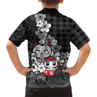 Black Palaka Hawaiian And Japanese Family Matching Off The Shoulder Long Sleeve Dress and Hawaiian Shirt Maneki Neko And Sakura Bloom DT05 - Polynesian Pride