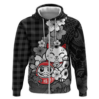 Black Palaka Hawaiian And Japanese Hoodie Maneki Neko And Sakura Bloom DT05 Zip Hoodie Black - Polynesian Pride