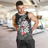 Black Palaka Hawaiian And Japanese Men Tank Top Maneki Neko And Sakura Bloom
